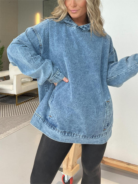 Limited time sale🔥Women's Casual Washed Denim Hooded Pullover with Pockets