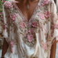 Bohemian-style Pink Floral Embroidery V-neck Short-sleeved Shirt With Sequins