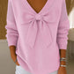 Women's solid color bow V-neck sweater with long sleeves