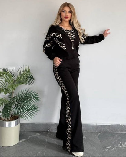 Chic Leopard Print Stripe Tracksuit Set - Comfy & Stylish for Daily Look