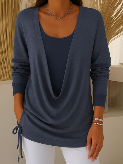Women's long-sleeved blouse with a swing collar in a solid color, imitating a two-piece set