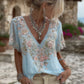Women's Floral Embroidered Art V-neck Short Sleeved Linen Blend T-shirt
