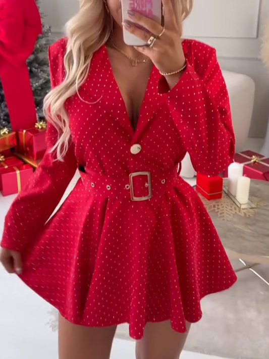 Women's dress with lapels and crystals with a belt