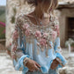 Women's Pink Rose Embroidery Art Round Neck Long Sleeve Linen Blend T-shirt