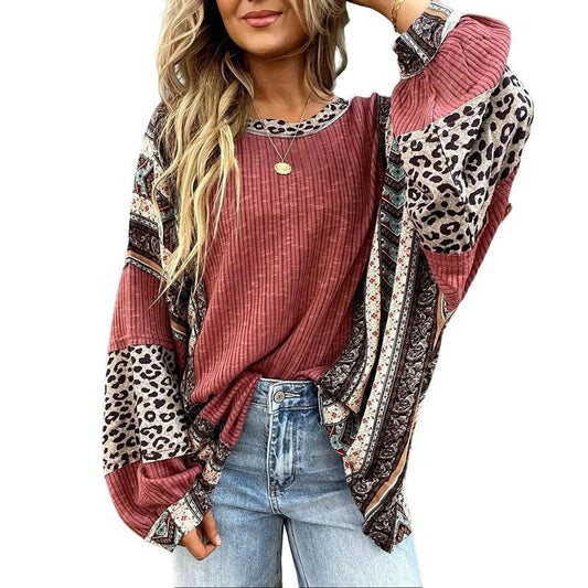 Limited time sale🔥Womens Loose fit Long Sleeve Oversized Retro Leopard Contrast Patchwork Top