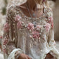 Women's Pink Rose Embroidery Art Round Neck Long Sleeve Linen Blend T-shirt
