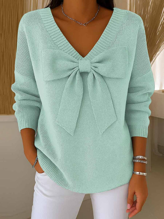 Women's solid color bow V-neck sweater with long sleeves