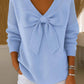Women's solid color bow V-neck sweater with long sleeves