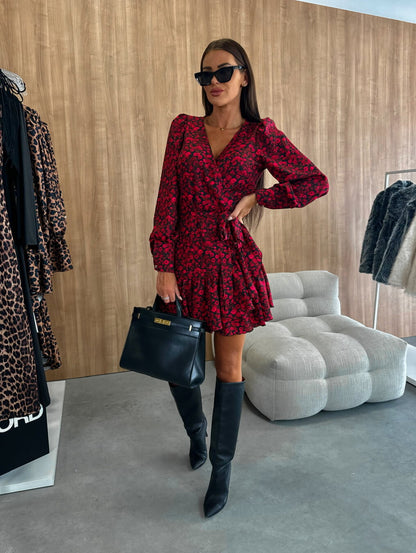 Leopard Print Wrap V-Neck Waist Tie Dress
