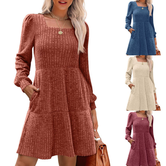 🍂2025 Autumn New Style 60% OFF⏰Women's Square Neck Lantern Sleeve Ribbed Dress|Glow in Autumnal Elegance!🍁