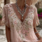 Women's Floral Embroidered Art V-neck Short Sleeved Linen Blend T-shirt