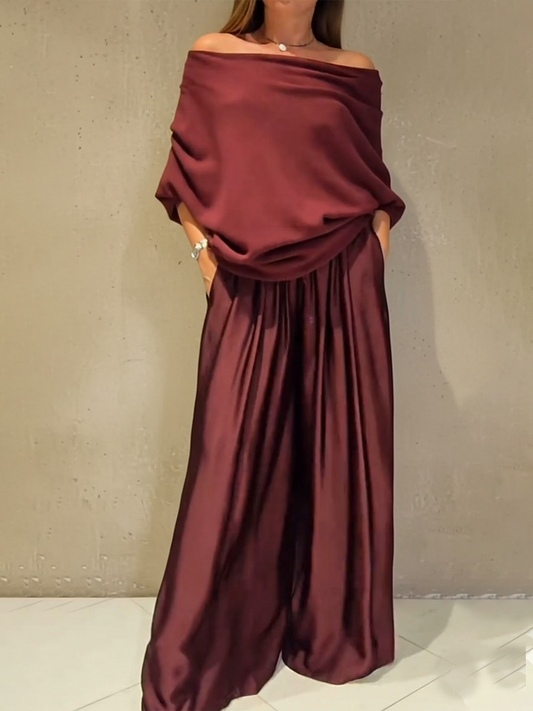 Elegant Off-shoulder Sweater and Satin Wide-leg Pants Two-piece Suit