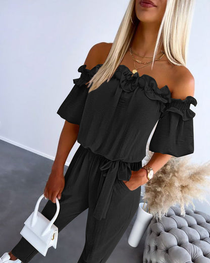 Women's Ruffle Off-the-shoulder Tie-Drape Jumpsuit with Pockets