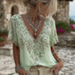 Women's Floral Embroidered Art V-neck Short Sleeved Linen Blend T-shirt