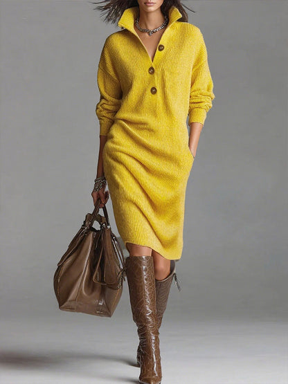 Women's knit dress with long sleeves and a stand-up collar in a solid color