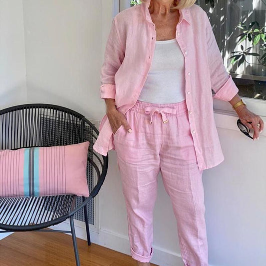 Women's cotton linen long sleeve blouse and pants set✨