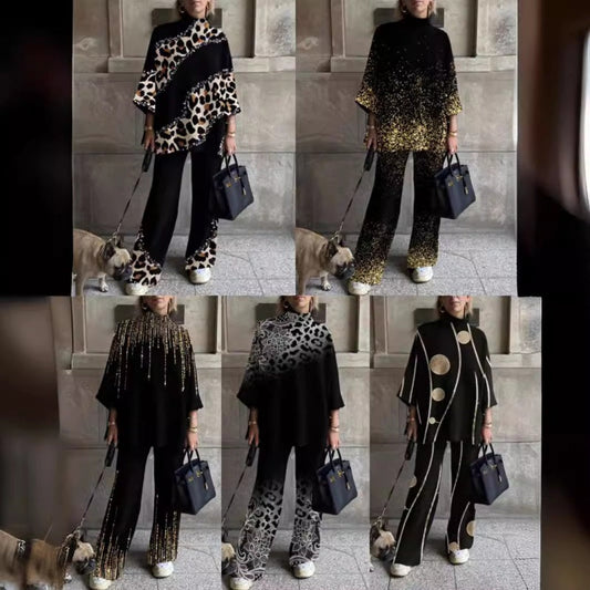 Women's High Neck Printed Top & Loose Pants Set