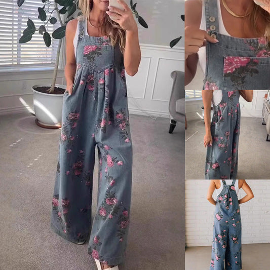 Women's Casual Printed Denim Jumpsuit