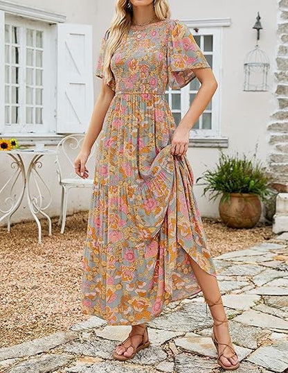 🌷Early Summer Sale 70% Off🌸2026 Summer Casual Floral Print Short Flutter Sleeve Crew Neck Smocked High Waist Flowy Maxi Dress