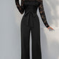 Elegant Vintage-Inspired One-Piece Lace Patchwork Solid Color Tie Waist Jumpsuits