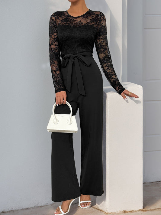 Elegant Vintage-Inspired One-Piece Lace Patchwork Solid Color Tie Waist Jumpsuits