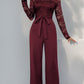 Elegant Vintage-Inspired One-Piece Lace Patchwork Solid Color Tie Waist Jumpsuits